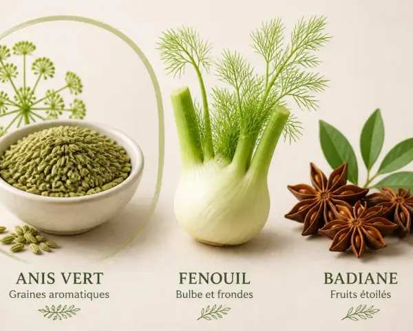 Un bol de graines d'anis vert, un bulbe de fenouil et des fruits étoilés de badiane.