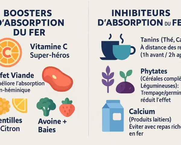 Vitamine C, viande, lentilles et avoine sont des boosters d'absorption du fer. Le calcium, les tanins et phytates l'inhibent.