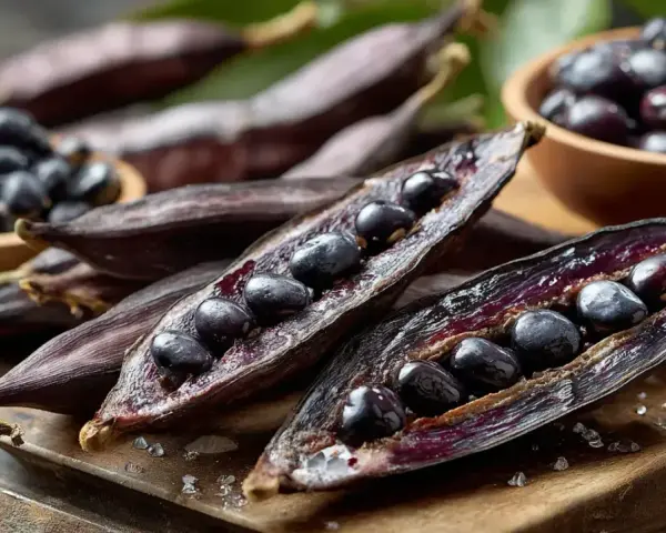 Gousses de mucuna pruriens ouvertes, révélant des graines noires brillantes. Des graines sont aussi dans un bol en bois.