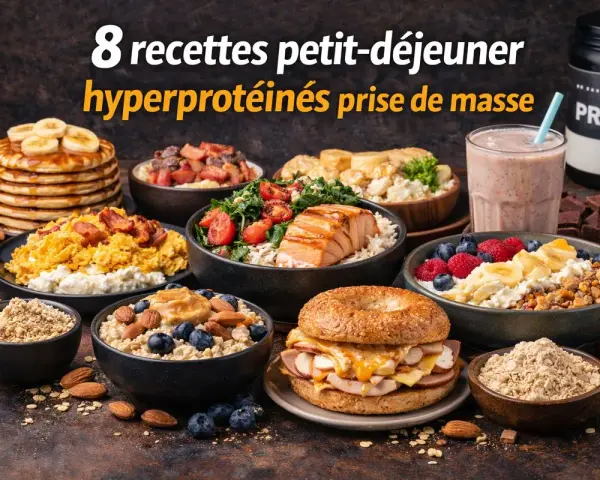 Un assortiment de 8 recettes petit-déjeuner hyperprotéinées pour la prise de masse : pancakes, saumon, œufs, smoothie, bagel, et bols de flocons d'avoine.