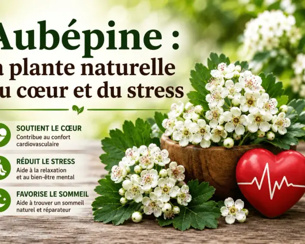 Aubépine : la plante naturelle du cœur et du stress. Ses bienfaits incluent le soutien cardiovasculaire, la réduction du stress et l'amélioration du sommeil.