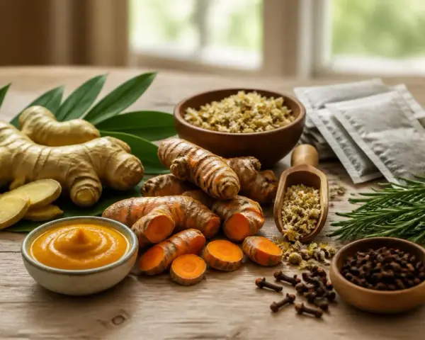 Gingembre, curcuma, romarin, clous de girofle et camomille : des ingrédients pour un anti inflammatoire naturel.