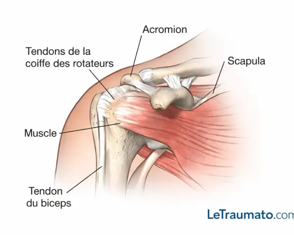 Anatomie de l'épaule montrant les tendons de la coiffe des rotateurs, le muscle, le tendon du biceps, l'acromion et la scapula.