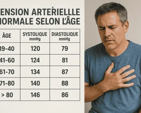 Tableau de tension artérielle normale selon l'âge, avec un homme se tenant la poitrine.