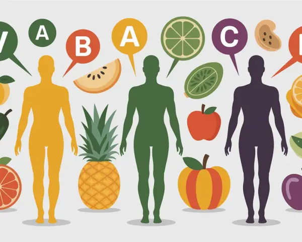 Trois silhouettes humaines entourées de fruits et légumes, symbolisant une cure de vitamine.