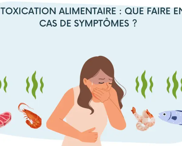 Une femme souffre de symptômes d'intoxication alimentaire. Elle a le visage couvert de sueur et se tient le ventre. Autour d'elle, des aliments comme du bœuf, des crevettes et du poisson suggèrent la cause. Le traitement de l'intoxication alimentaire e...