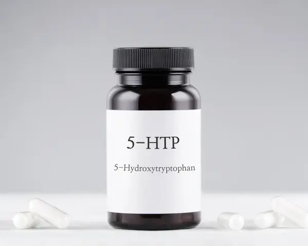Bouteille de 5-HTP, un supplément dérivé de la griffonia, connu pour ses bienfaits sur l'humeur et le sommeil.