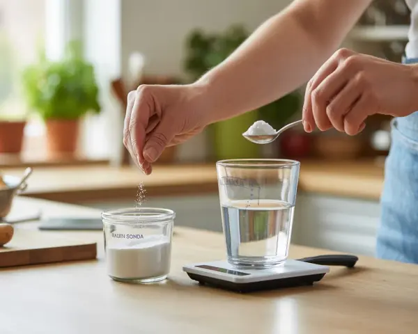 Préparation d'une boisson : une main verse du bicarbonate de soude dans un verre d'eau, tandis qu'une autre main ajoute une pincée du même produit dans un pot. Le dosage bicarbonate de soude à boire est précis.