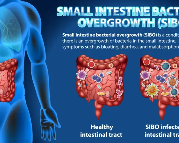 Illustration comparant un intestin sain et un intestin infecté par SIBO, montrant les symptômes de la prolifération bactérienne.
