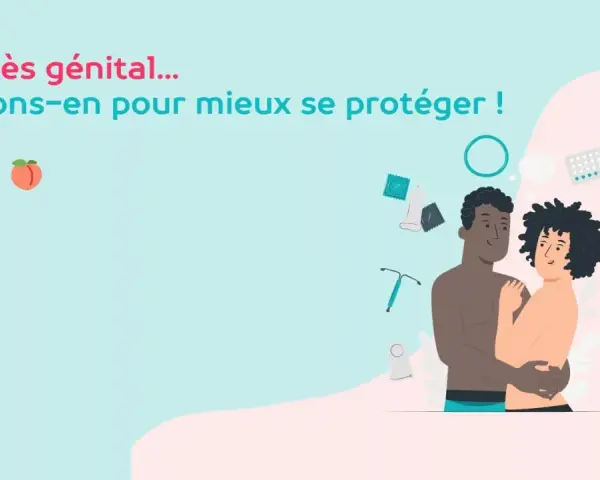 Herpès génital : parlons-en pour mieux se protéger ! L'image montre un couple et des symboles de contraception, suggérant des moyens de prévention.