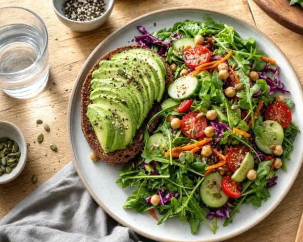 Tranche de pain complet garnie d'avocat tranché, accompagnée d'une salade colorée. L'avocat, bienfait pour la santé, est ici sublimé.