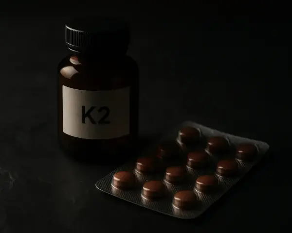 Flacon étiqueté K2 et blister de pilules sur fond sombre. Attention au vitamine k danger.