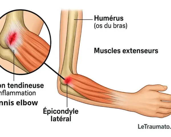 Illustration d'une tendinite du coude, aussi appelée "tennis elbow", montrant l'inflammation de l'épicondyle latéral.