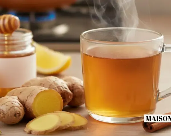 Une tasse fumante d'infusion gingembre, avec du miel, du citron et des épices. Parfait pour se réchauffer.