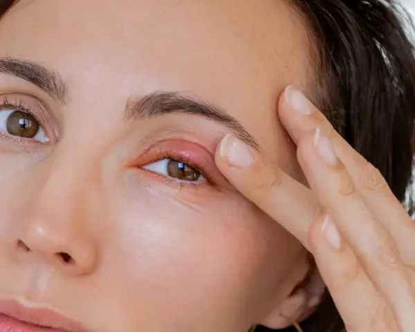 Un orgelet sur la paupière, peut-être causé par la fatigue, rend le regard moins vif.