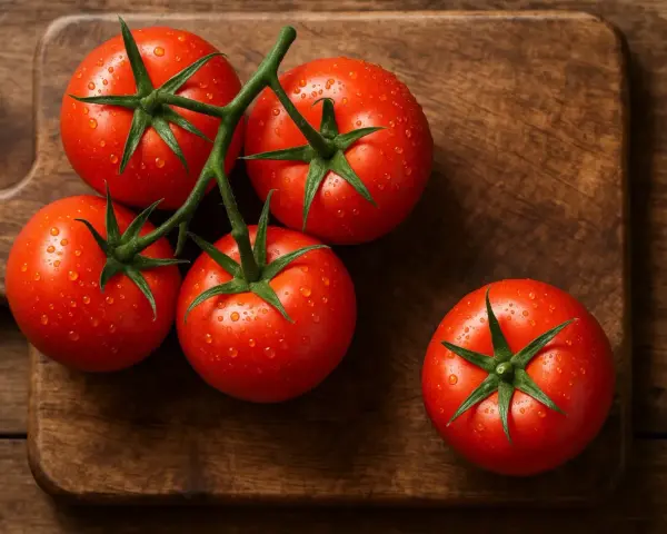 Cinq tomates rouges et juteuses, couvertes de gouttelettes d'eau, reposent sur une planche à découper en bois. Une faible calorie tomate pour une alimentation saine.