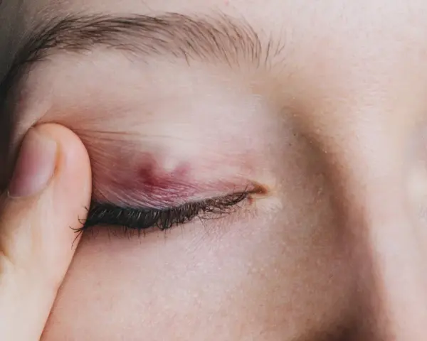 Un chalazion rouge et enflammé sur la paupière, causant une fatigue visuelle.