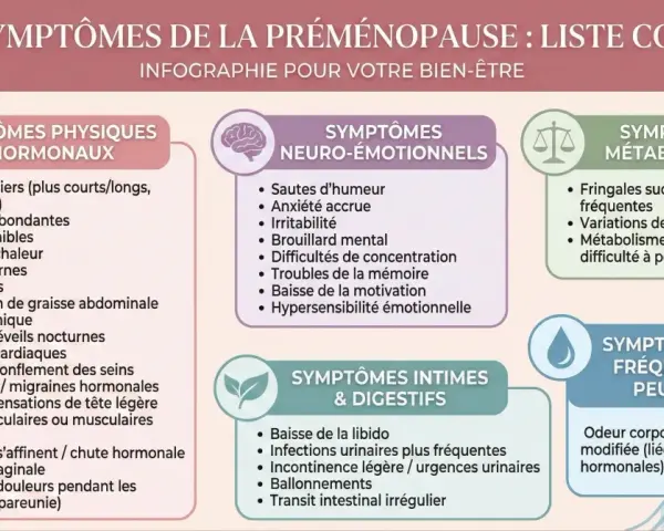 Infographie listant les 35 symptômes de la préménopause, incluant des signes physiques, neuro-émotionnels, intimes, digestifs et métaboliques.