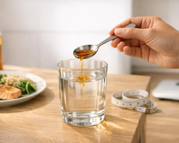 Une cuillère verse du vinaigre de cidre dans un verre d'eau. À côté, un plat de saumon et des légumes, une balance et un mètre ruban suggèrent un repas sain.