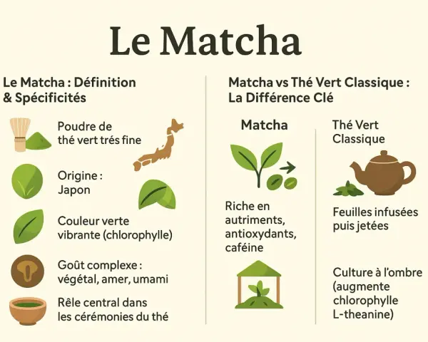 Infographie sur le matcha : poudre fine, origine Japon, couleur verte vibrante, goût complexe. Ses thé bienfaits incluent antioxydants et L-théanine.