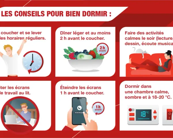 Conseils pour bien dormir : horaires réguliers, dîner léger 2h avant, activités calmes, éviter écrans et travail au lit, chambre sombre et fraîche. Lutte contre l'insomnie cause.