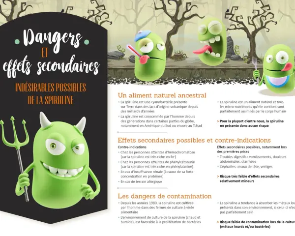 Le diable vert brandit sa fourche, avertissant des dangers et effets secondaires indésirables possibles de la spiruline.