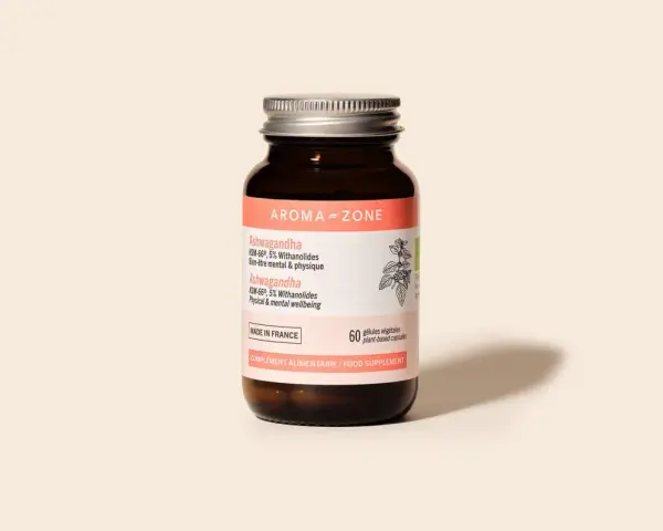 Flacon d'Ashwagandha Aroma-Zone, 60 gélules végétales. Découvrez les ashwagandha bienfaits femme pour le bien-être mental et physique.