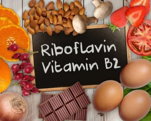 Assiette colorée avec des aliments riches en vitamine B2 : oranges, amandes, fraises, tomates, œufs, chocolat. Découvrez les vitamine b2 bienfaits !