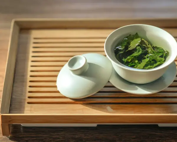Une tasse de thé vert infusé, prête à révéler ses bienfaits. Le couvercle repose à côté, sur un plateau en bambou.