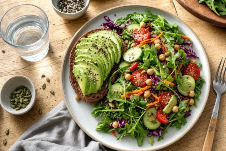 Tranche de pain complet garnie d'avocat tranché, accompagnée d'une salade colorée. L'avocat, bienfait pour la santé, est ici sublimé.