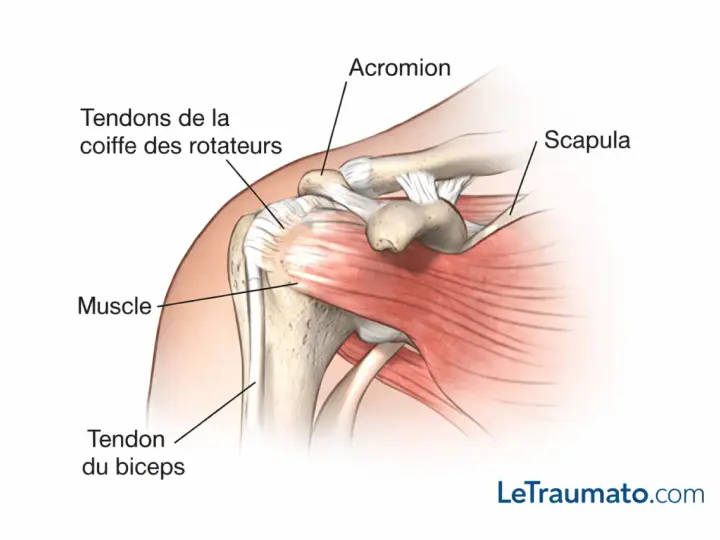 Anatomie de l'épaule montrant les tendons de la coiffe des rotateurs, le muscle, le tendon du biceps, l'acromion et la scapula.