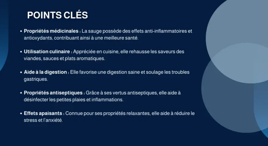 Points clés sur les sauge bienfaits : médicinales, culinaires, digestives, antiseptiques et apaisantes.