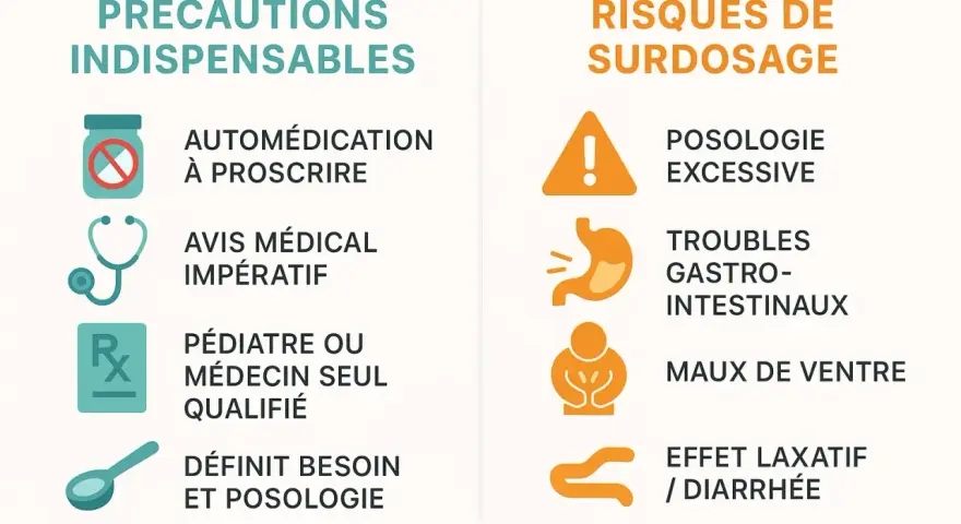 Précautions et risques de surdosage du malate de magnésium : automédication à proscrire, avis médical impératif, troubles gastro-intestinaux, maux de ventre, effet laxatif/diarrhée.