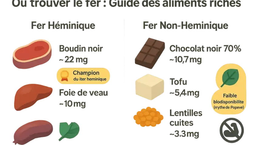 Guide des aliments riches en fer : boudin noir, foie de veau, chocolat noir, tofu, lentilles. Certains légumes sont aussi une source de fer.