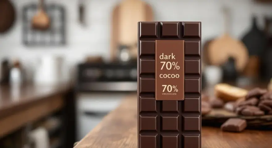 Une tablette de chocolat noir 70% cacao, promesse de bienfaits pour la santé et de plaisir gustatif, posée sur un plan de travail en bois.