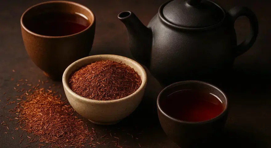 Découvrez le rooibos : une théière et des tasses de thé rouge ambré, avec un bol de feuilles de rooibos séchées.