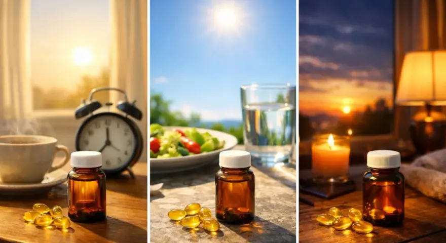 Quand prendre des vitamines ? Matin, midi, soir : des pilules à côté d'un café, d'une salade ou d'une bougie.