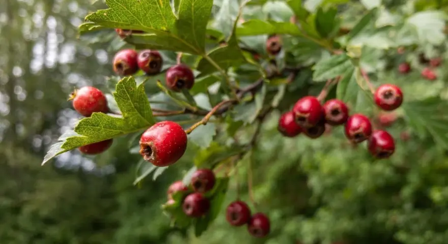 Grappe de fruits rouges d'aubépine, connus pour leurs bienfaits pour la santé. Les baies sont mûres sur la branche feuillue.