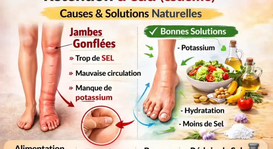 Jambes gonflées dues à la rétention d'eau. Le manque de potassium est une cause, les bonnes solutions incluent une alimentation riche en potassium.