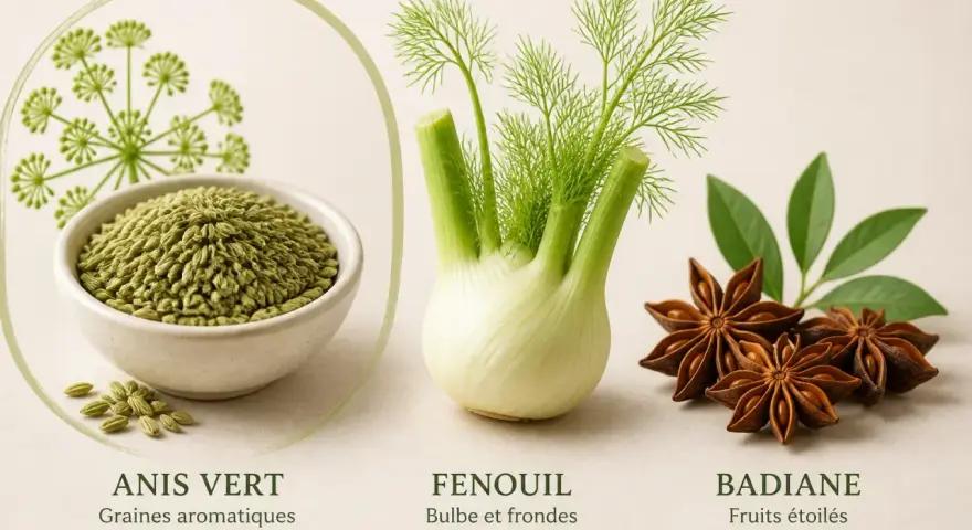 Un bol de graines d'anis vert, un bulbe de fenouil et des fruits étoilés de badiane.