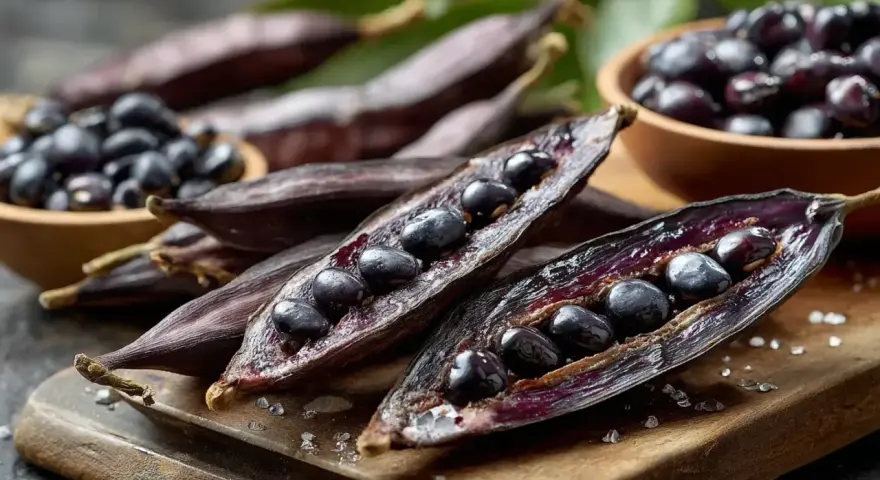 Gousses de mucuna pruriens ouvertes, révélant des graines noires brillantes. Des graines sont aussi dans un bol en bois.