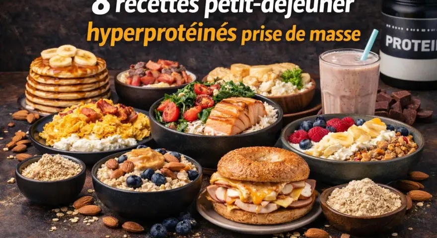 Un assortiment de 8 recettes petit-déjeuner hyperprotéinées pour la prise de masse : pancakes, saumon, œufs, smoothie, bagel, et bols de flocons d'avoine.