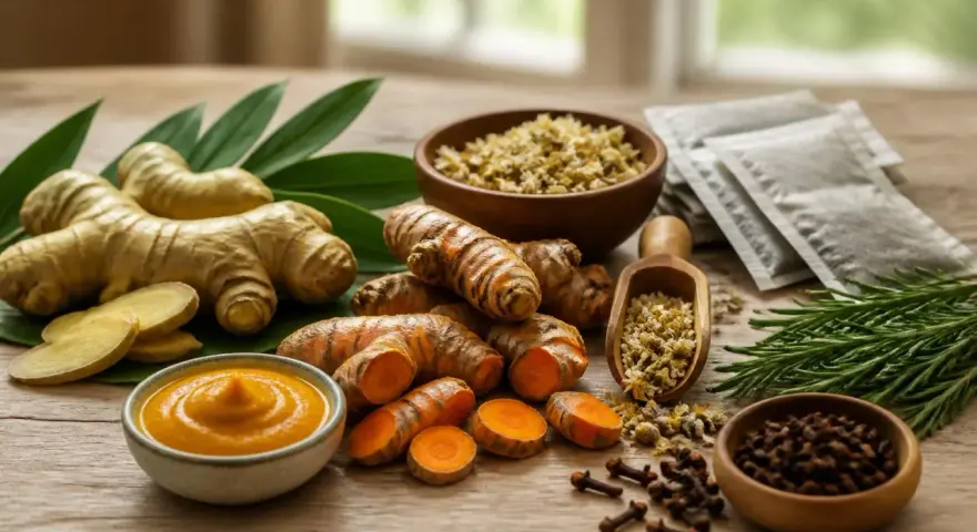 Gingembre, curcuma, romarin, clous de girofle et camomille : des ingrédients pour un anti inflammatoire naturel.