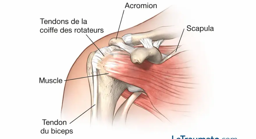 Anatomie de l'épaule montrant les tendons de la coiffe des rotateurs, le muscle, le tendon du biceps, l'acromion et la scapula.