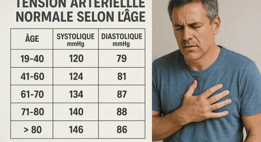 Tableau de tension artérielle normale selon l'âge, avec un homme se tenant la poitrine.