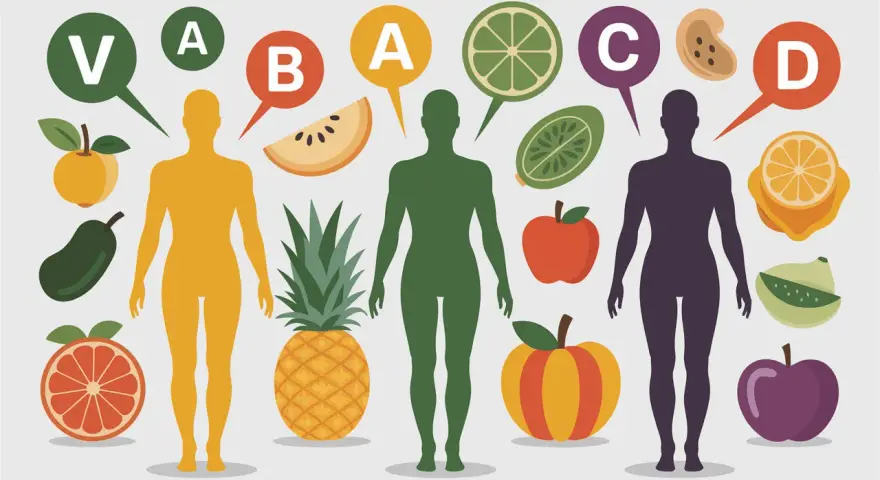 Trois silhouettes humaines entourées de fruits et légumes, symbolisant une cure de vitamine.