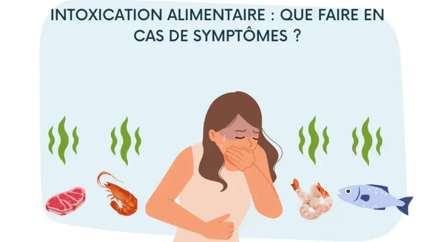 Une femme souffre de symptômes d'intoxication alimentaire. Elle a le visage couvert de sueur et se tient le ventre. Autour d'elle, des aliments comme du bœuf, des crevettes et du poisson suggèrent la cause. Le traitement de l'intoxication alimentaire e...