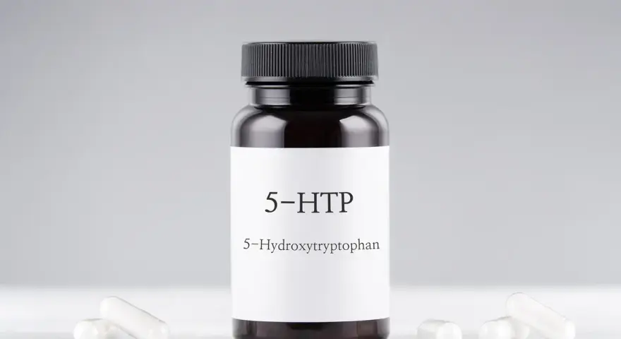 Bouteille de 5-HTP, un supplément dérivé de la griffonia, connu pour ses bienfaits sur l'humeur et le sommeil.