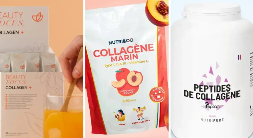 Trois produits de beauté : une boîte de sachets de collagène, un sachet de collagène marin pêche, et un pot de peptides de collagène.