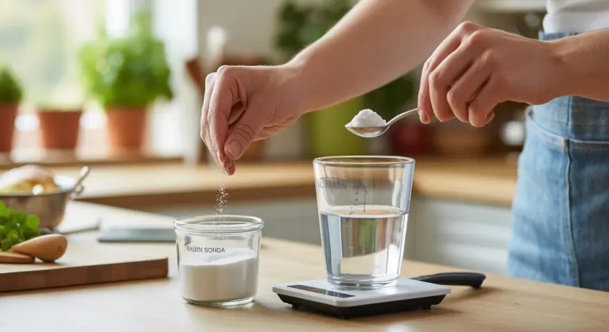 Préparation d'une boisson : une main verse du bicarbonate de soude dans un verre d'eau, tandis qu'une autre main ajoute une pincée du même produit dans un pot. Le dosage bicarbonate de soude à boire est précis.